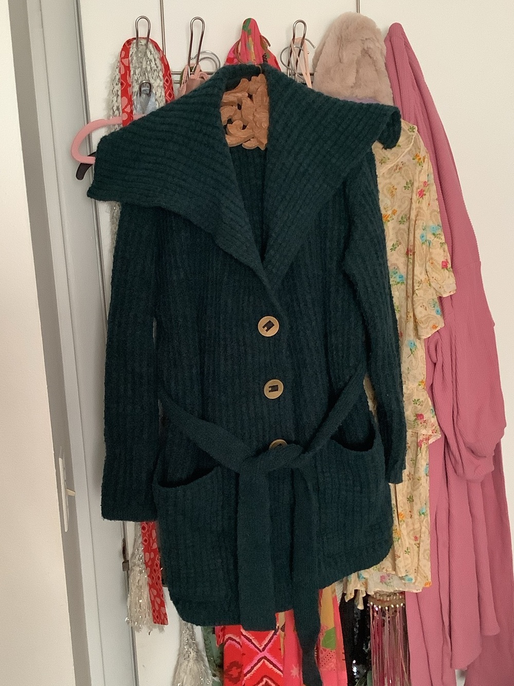 Free People Dark Green Knit Belted Cardigan Sweater Coat w pockets & belt big S